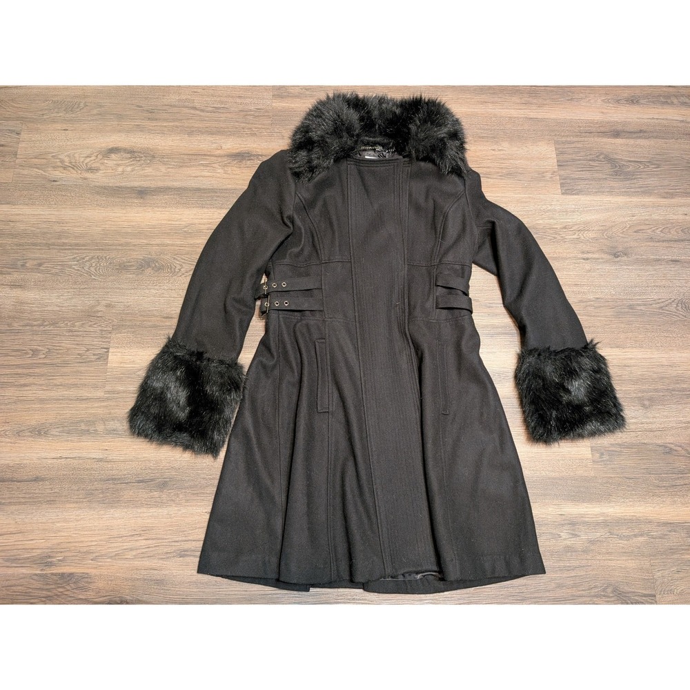 Bebe Black Wool Blend Fit & Flare Coat Faux Fur‎ Trim Side Buckles Womens Large